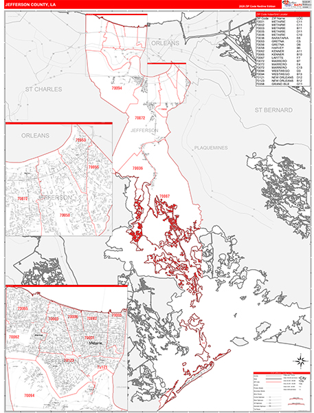 Jefferson Parish (County), LA Wall Map Red Line Style