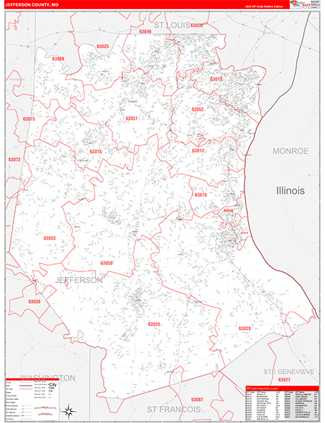 Jefferson County, MO Map Red Line Style