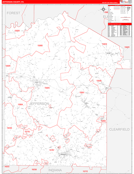 Jefferson County, PA Wall Map Red Line Style