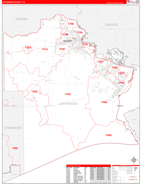 Jefferson County, TX Wall Map Red Line Style