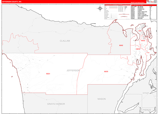 Jefferson County, WA Wall Map Red Line Style