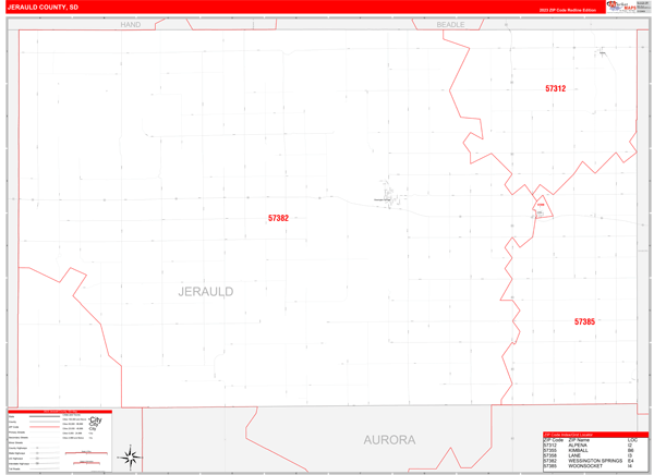 Jerauld County Digital Map Red Line Style