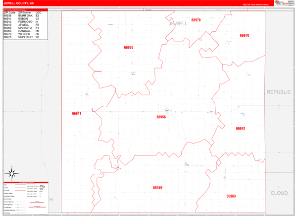 Jewell County, KS Wall Map Red Line Style