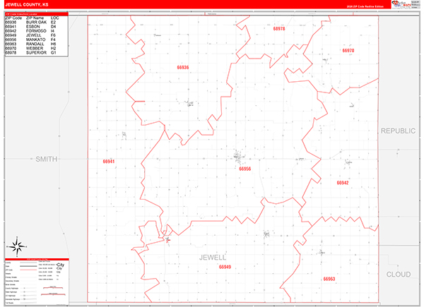 Jewell County, KS Wall Map Red Line Style
