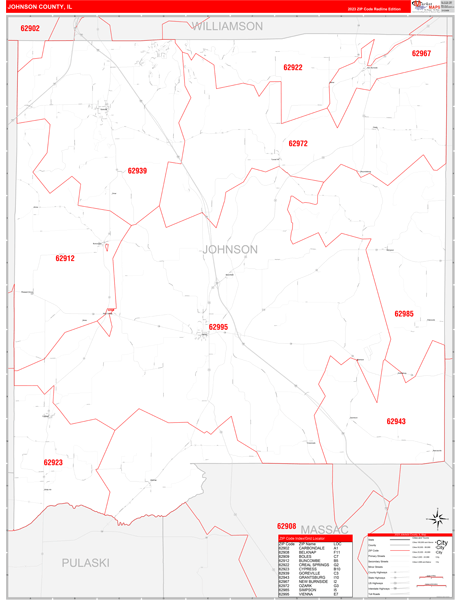 Johnson County, IL Wall Map Red Line Style