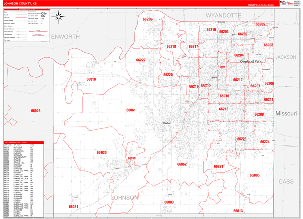 Johnson County, KS Zip Code Wall Map Red Line Style by MarketMAPS