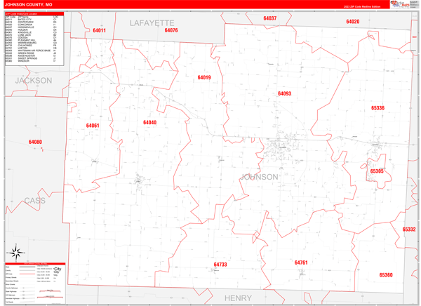 Johnson County Wall Map Red Line Style