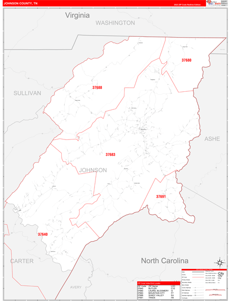 Johnson County, TN Zip Code Wall Map