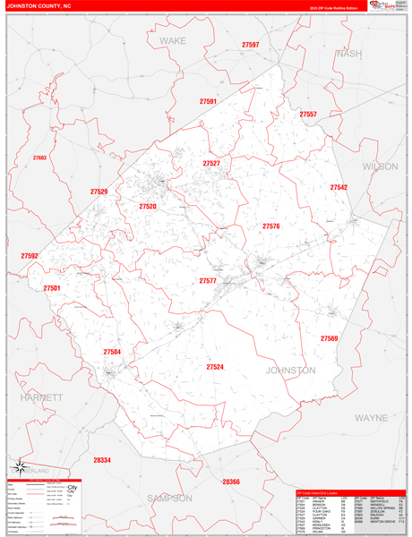 Johnston County Wall Map Red Line Style