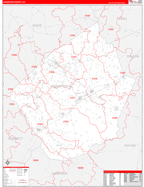 Johnston County, NC Zip Code Wall Map