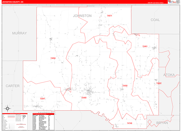 Johnston County, OK Zip Code Wall Map
