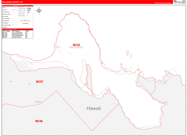Kalawao County Wall Map Red Line Style