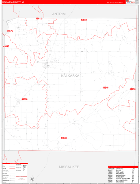 Kalkaska County, MI Wall Map Red Line Style
