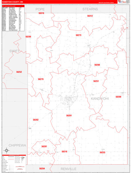Kandiyohi County, MN Zip Code Wall Map