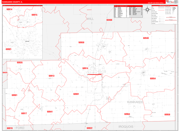 Kankakee County Digital Map Red Line Style