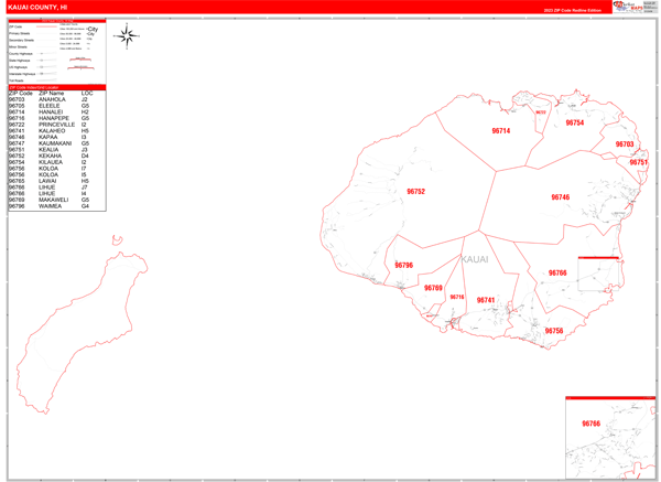 Kauai County, HI Zip Code Map