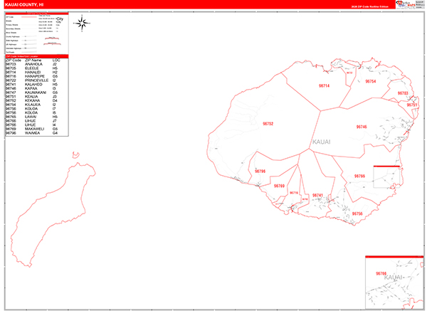 Kauai County, HI Zip Code Wall Map