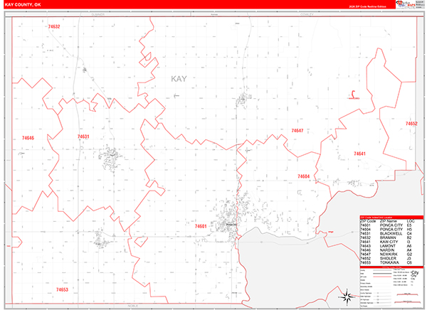 Kay County, OK Zip Code Wall Map