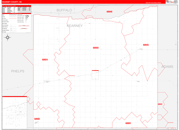 Kearney County Ne Zip Code Wall Map Red Line Style By