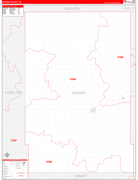 Kearny County, KS Wall Map Red Line Style