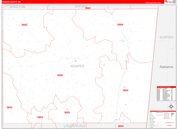 Kemper County, MS Wall Map Red Line Style