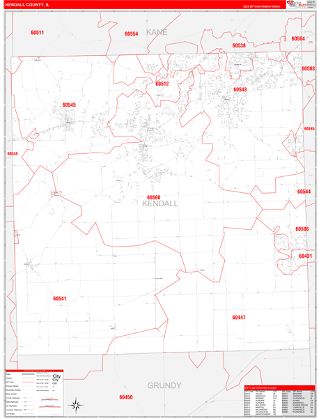 Kendall County, IL Wall Map Red Line Style