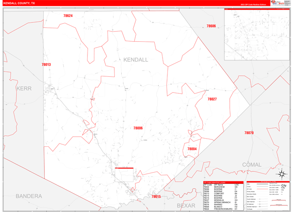 Kendall County, TX Wall Map Red Line Style