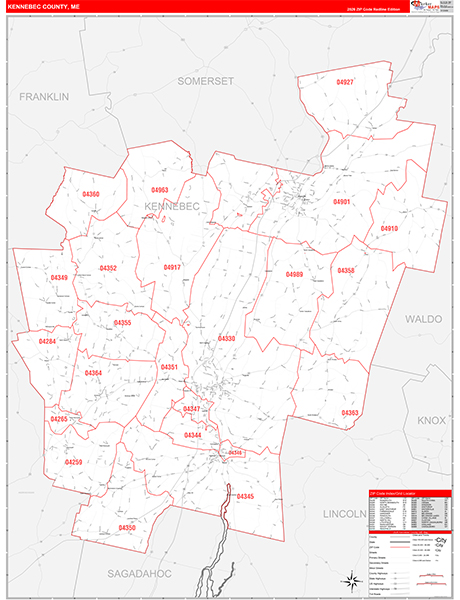 Kennebec County, ME Wall Map Red Line Style