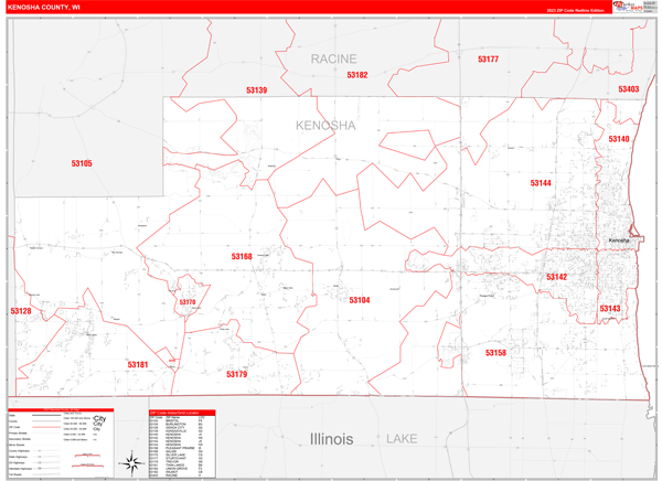 Kenosha County, WI Wall Map Red Line Style