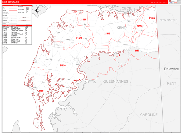 Kent County Md Zip Code Wall Map Red Line Style By Marketmaps Mapsales 8337