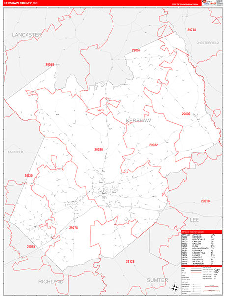 Kershaw County, SC Zip Code Wall Map