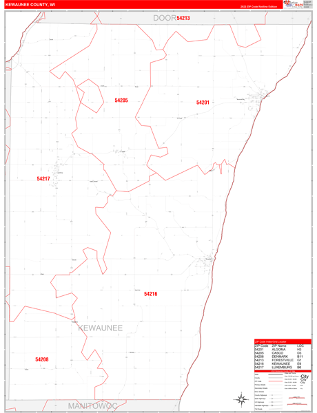 Kewaunee County Wall Map Red Line Style
