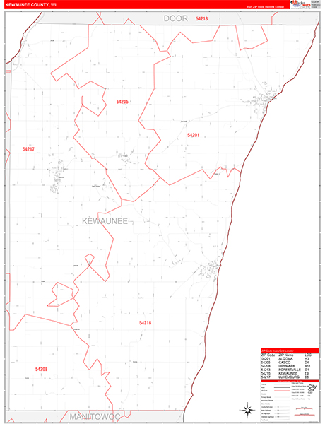 Kewaunee County, WI Zip Code Wall Map