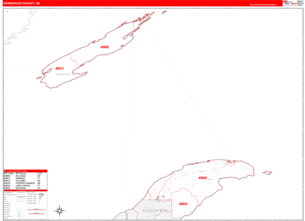 Keweenaw County Wall Map Red Line Style