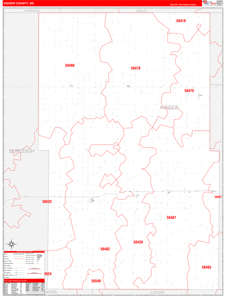 Kidder County, ND Wall Map Red Line Style