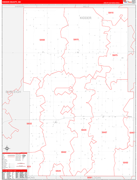 Kidder County, ND Wall Map Red Line Style