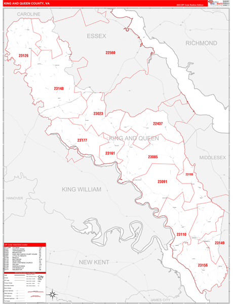 King and Queen County, VA Zip Code Wall Map Red Line Style by ...