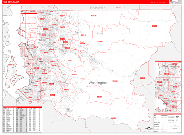 King County, WA Zip Code Wall Map Red Line Style by MarketMAPS
