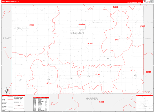Kingman County, KS Wall Map Red Line Style