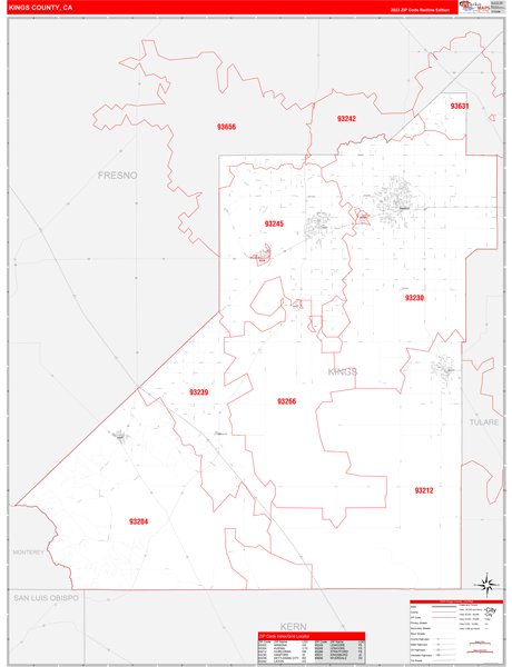 Kings County, CA Zip Code Wall Map
