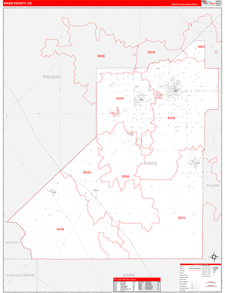 Kings County, CA Map Red Line Style