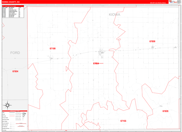 Kiowa County, KS Wall Map Red Line Style