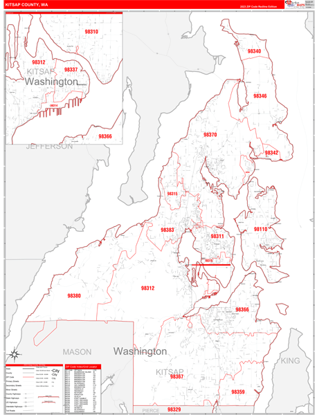 Kitsap County, WA Wall Map Red Line Style