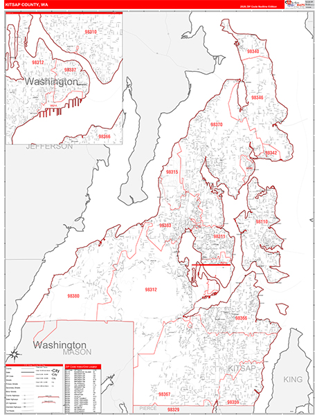 Kitsap County, WA Wall Map Red Line Style
