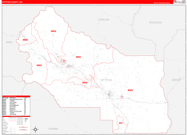 Kittitas County Wall Map Red Line Style