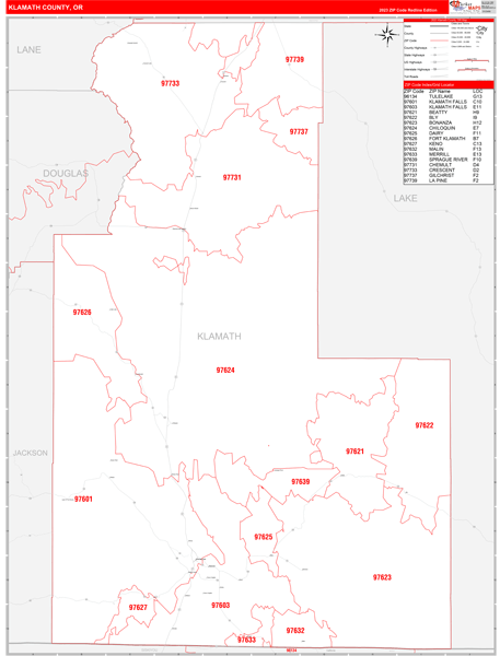 Klamath County, OR Zip Code Wall Map