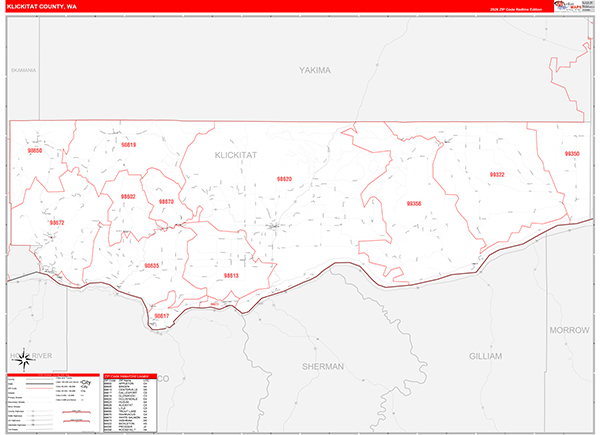 Klickitat County, WA Wall Map Red Line Style