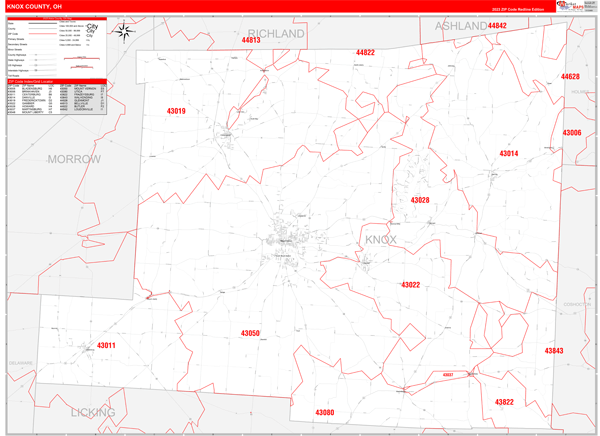 Knox County, OH Wall Map Red Line Style