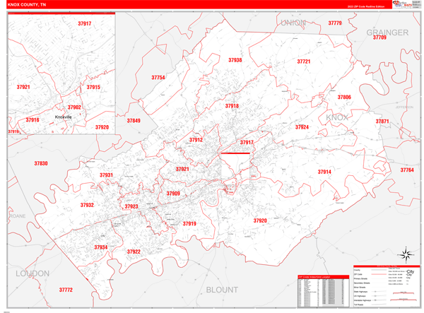 Knox County Zip Code Map Knox County, TN Zip Code Wall Map Red Line Style by MarketMAPS