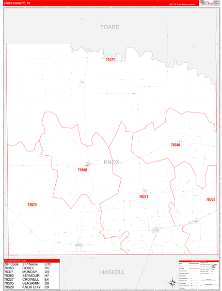Knox County, TX Wall Map Red Line Style